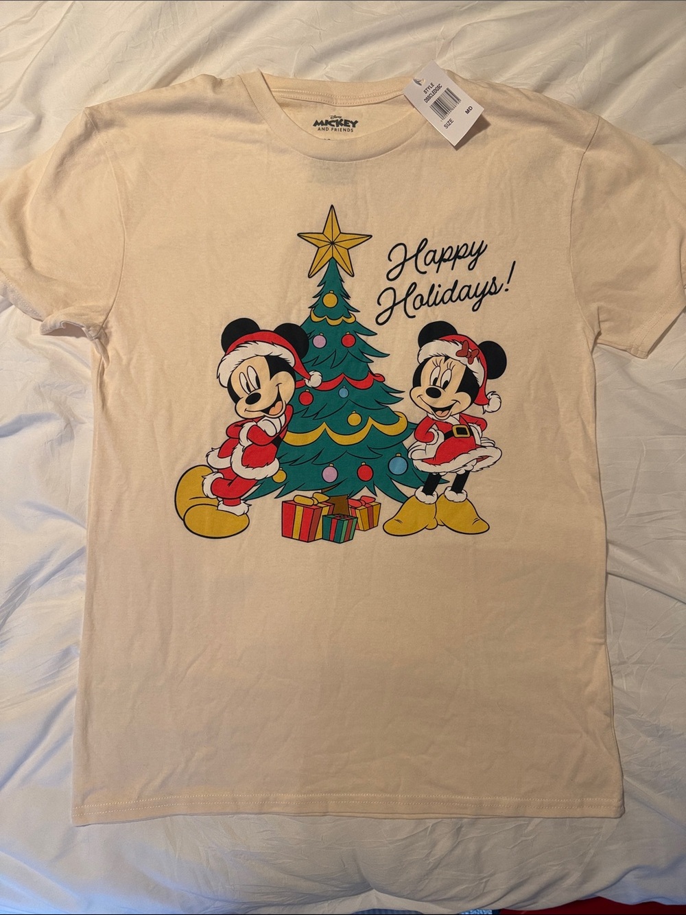 Disney Cream 'Happy Holidays' Mickey & Minnie Short Sleeve Tee